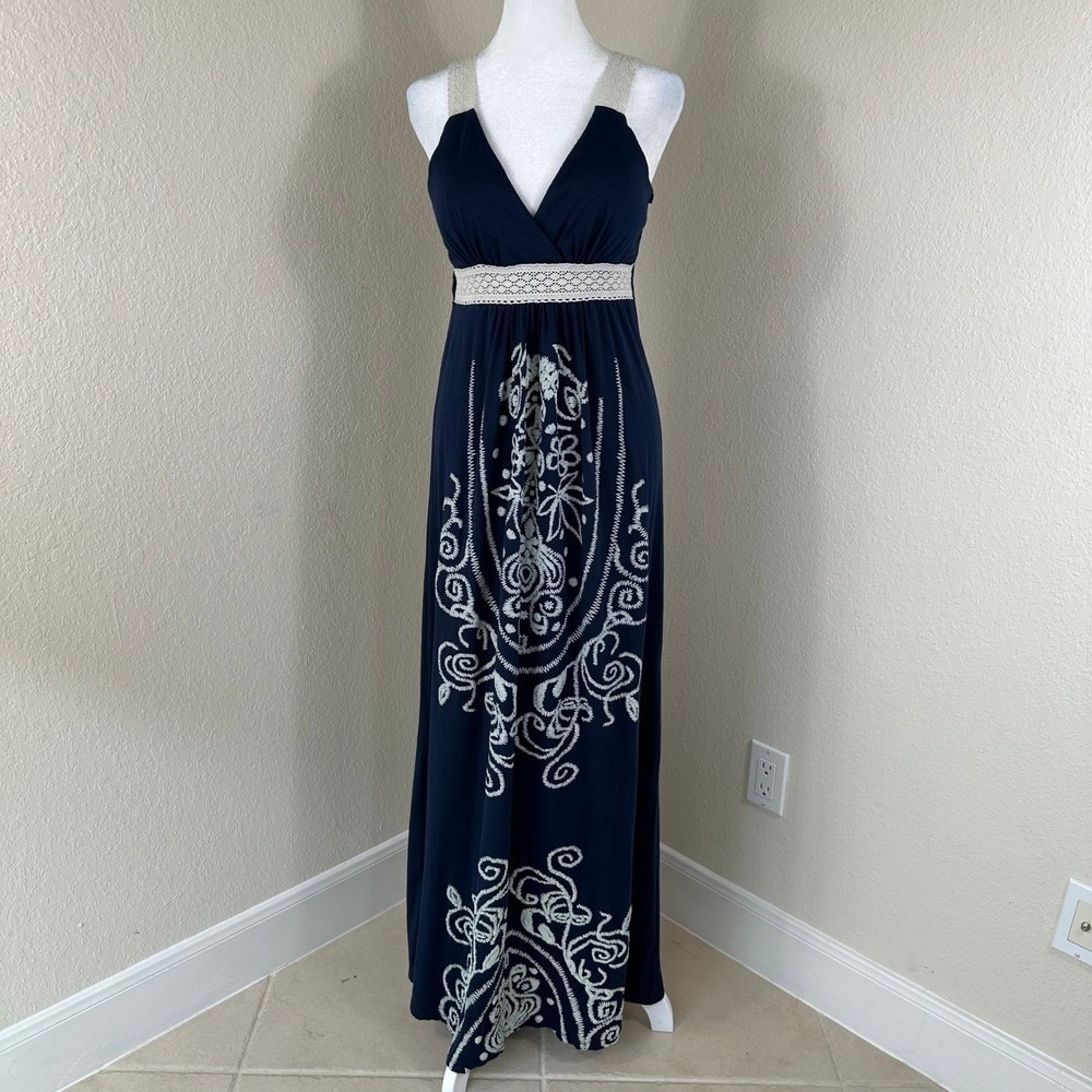 Zealous Maxi Dress Women L Navy Blue Boho Embroidered V-Neck Y2K Babydoll